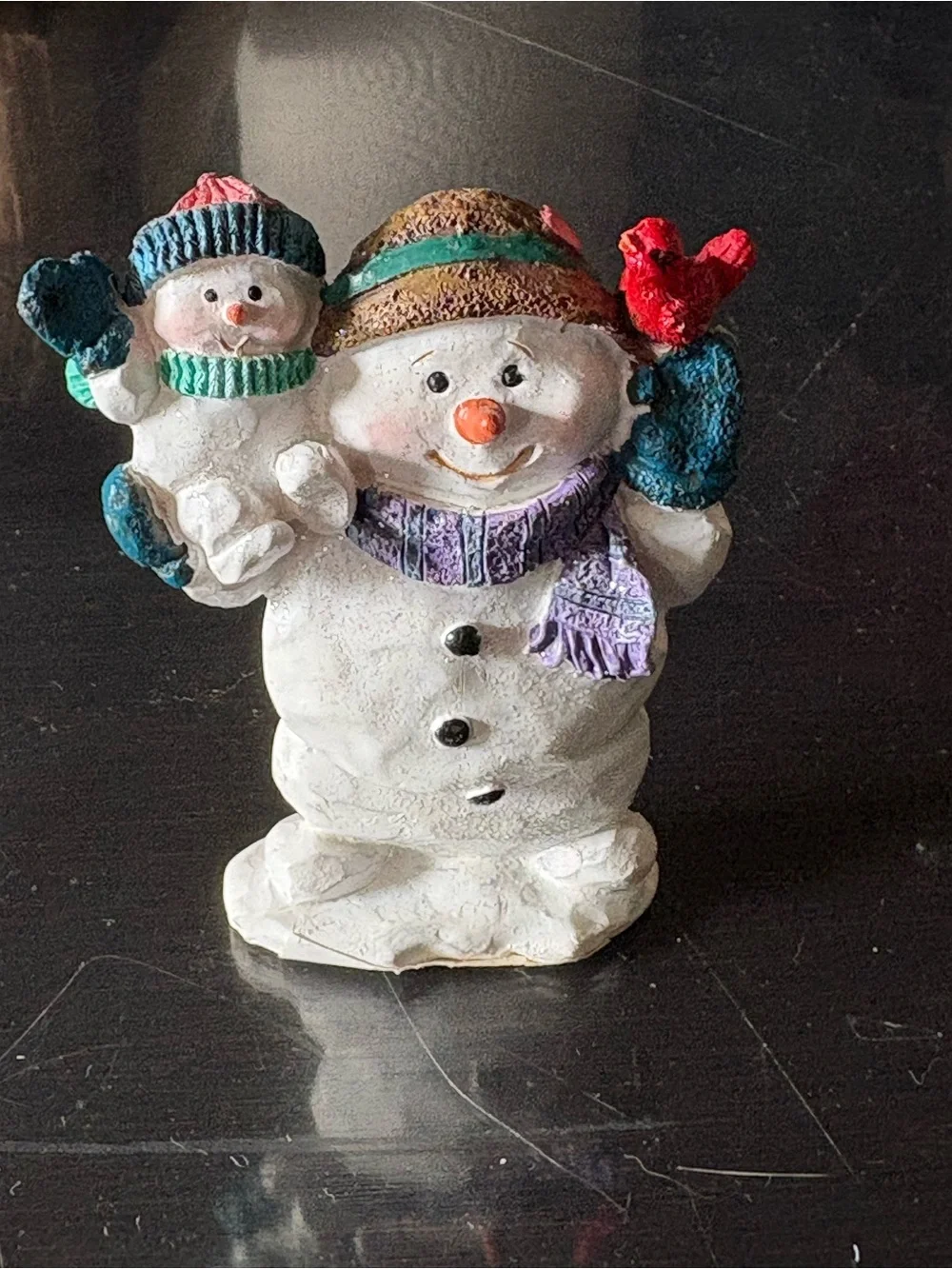 Festive Snowman Figurine with Child - White and Multicolor Holiday Décor